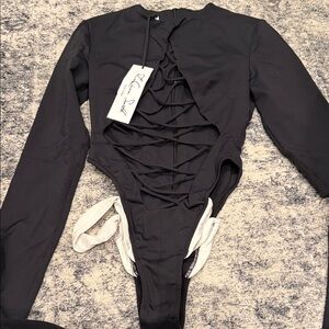 LaQuan Smith Black Lace-Up One Piece